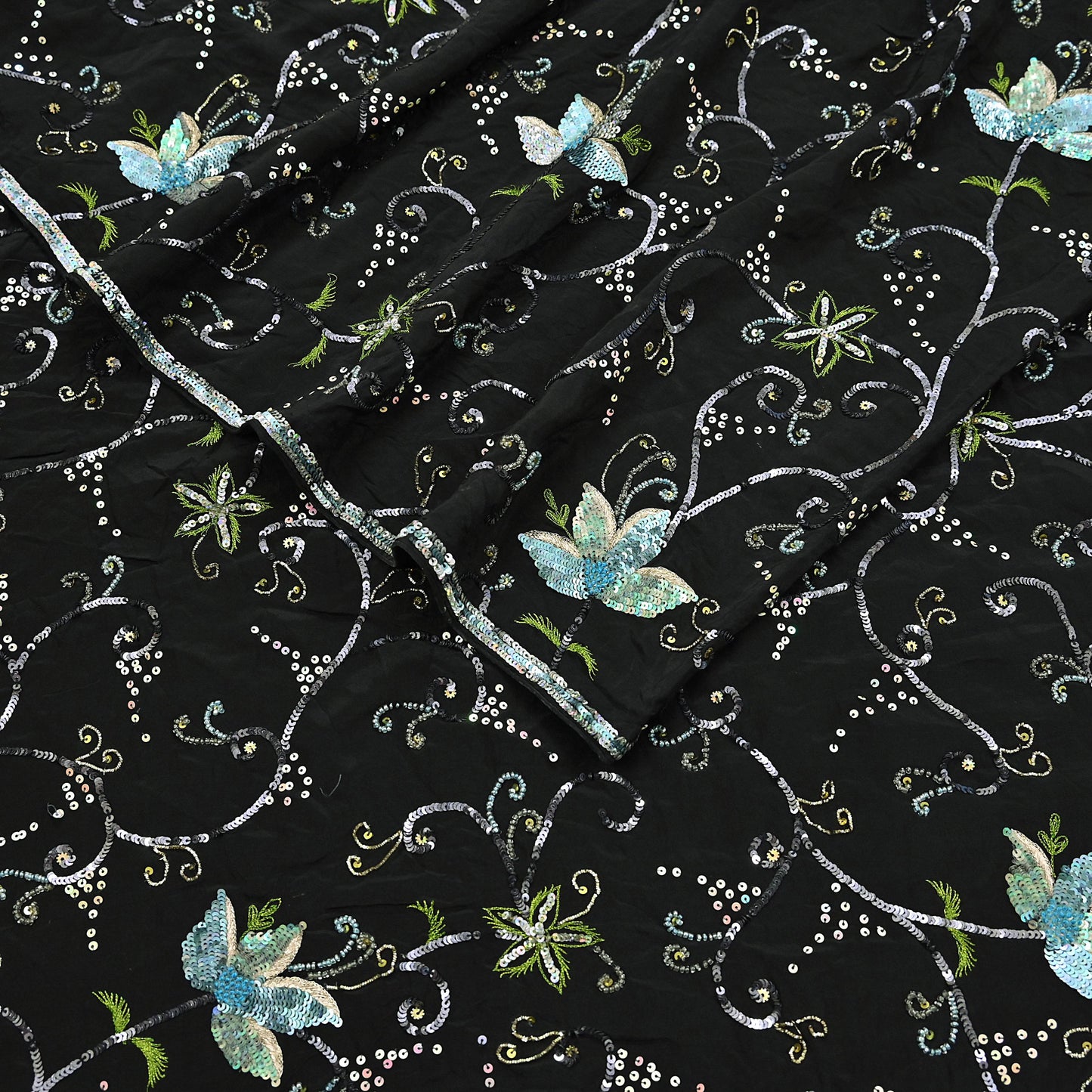 Indian Vintage Black Saree Pure Crepe Silk Hand Embroidered Sari Craft Fabric 5Yd Sewing Soft Zardozi/Dabka Sequins Wedding/Bridal Sarees