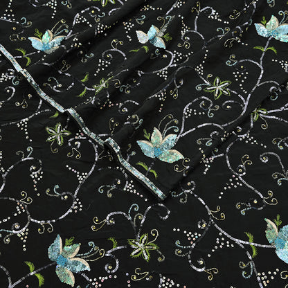 Indian Vintage Black Saree Pure Crepe Silk Hand Embroidered Sari Craft Fabric 5Yd Sewing Soft Zardozi/Dabka Sequins Wedding/Bridal Sarees