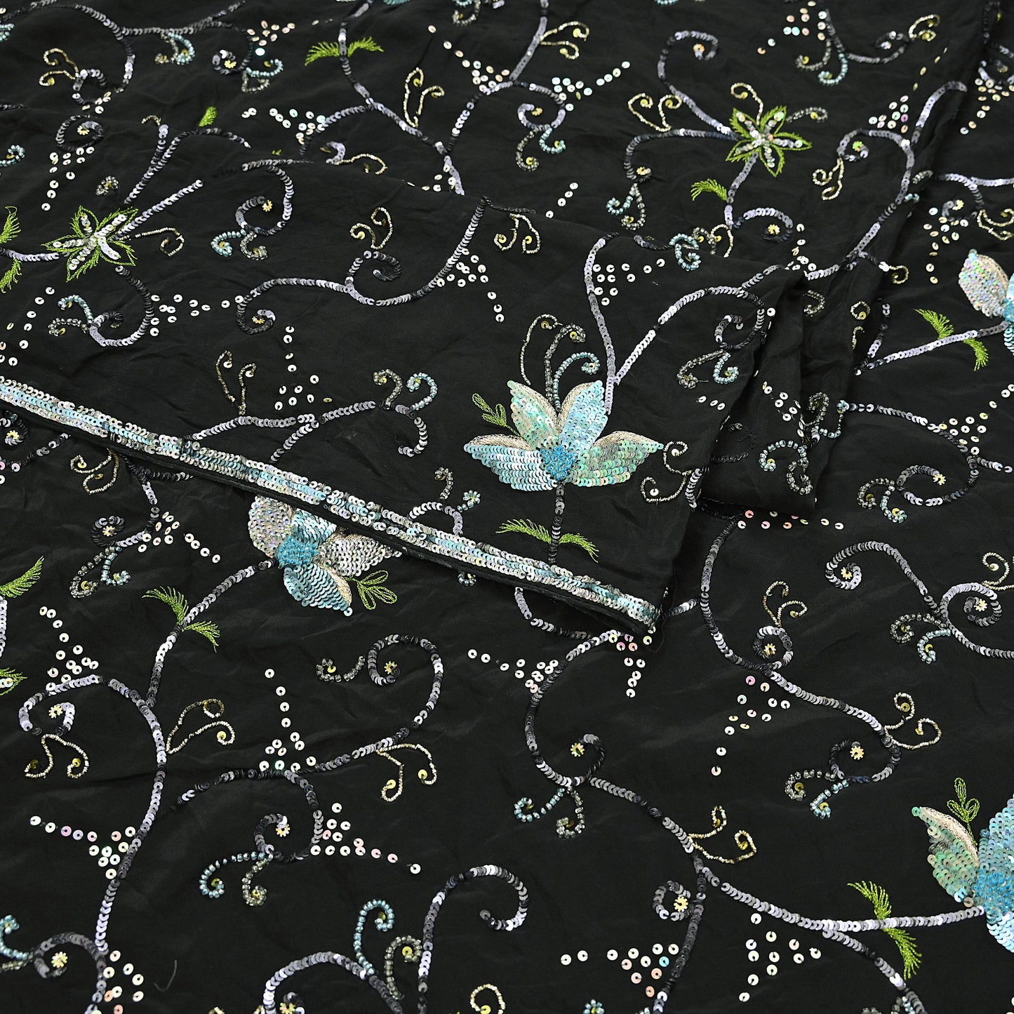 Indian Vintage Black Saree Pure Crepe Silk Hand Embroidered Sari Craft Fabric 5Yd Sewing Soft Zardozi/Dabka Sequins Wedding/Bridal Sarees