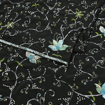 Indian Vintage Black Saree Pure Crepe Silk Hand Embroidered Sari Craft Fabric 5Yd Sewing Soft Zardozi/Dabka Sequins Wedding/Bridal Sarees