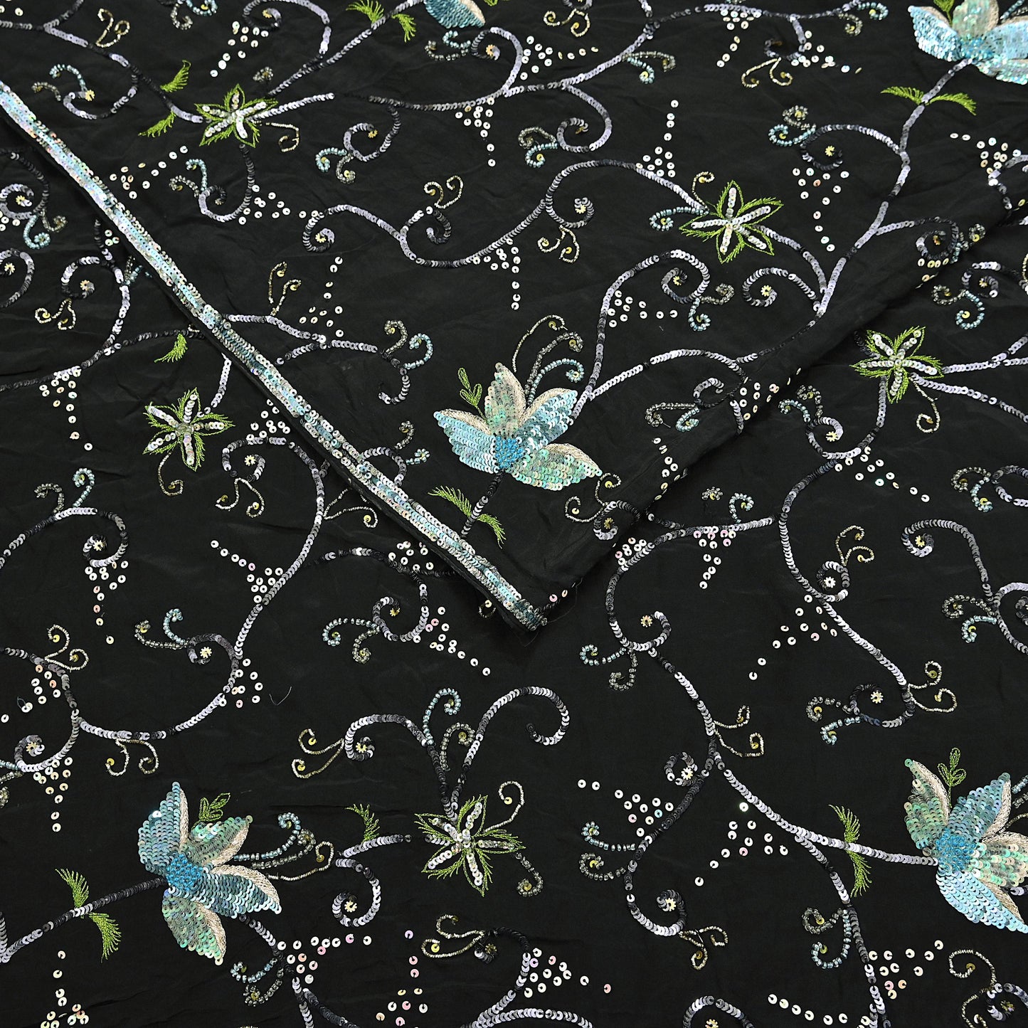 Indian Vintage Black Saree Pure Crepe Silk Hand Embroidered Sari Craft Fabric 5Yd Sewing Soft Zardozi/Dabka Sequins Wedding/Bridal Sarees