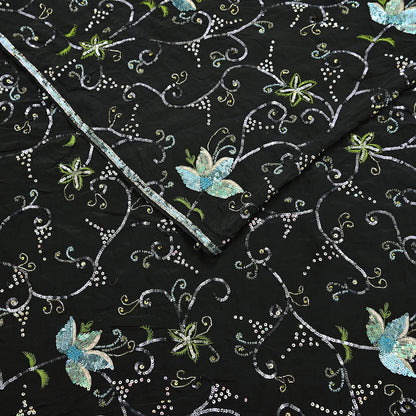Indian Vintage Black Saree Pure Crepe Silk Hand Embroidered Sari Craft Fabric 5Yd Sewing Soft Zardozi/Dabka Sequins Wedding/Bridal Sarees