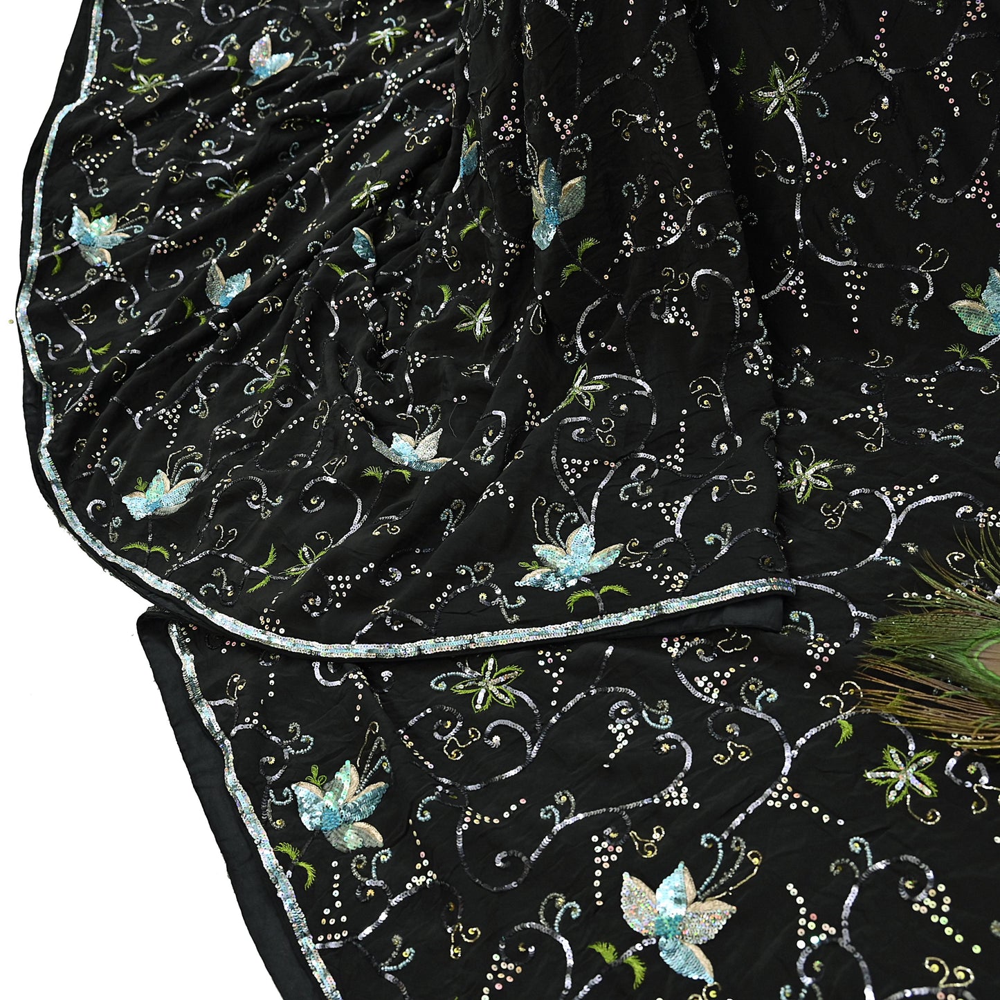 Indian Vintage Black Saree Pure Crepe Silk Hand Embroidered Sari Craft Fabric 5Yd Sewing Soft Zardozi/Dabka Sequins Wedding/Bridal Sarees