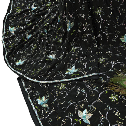 Indian Vintage Black Saree Pure Crepe Silk Hand Embroidered Sari Craft Fabric 5Yd Sewing Soft Zardozi/Dabka Sequins Wedding/Bridal Sarees