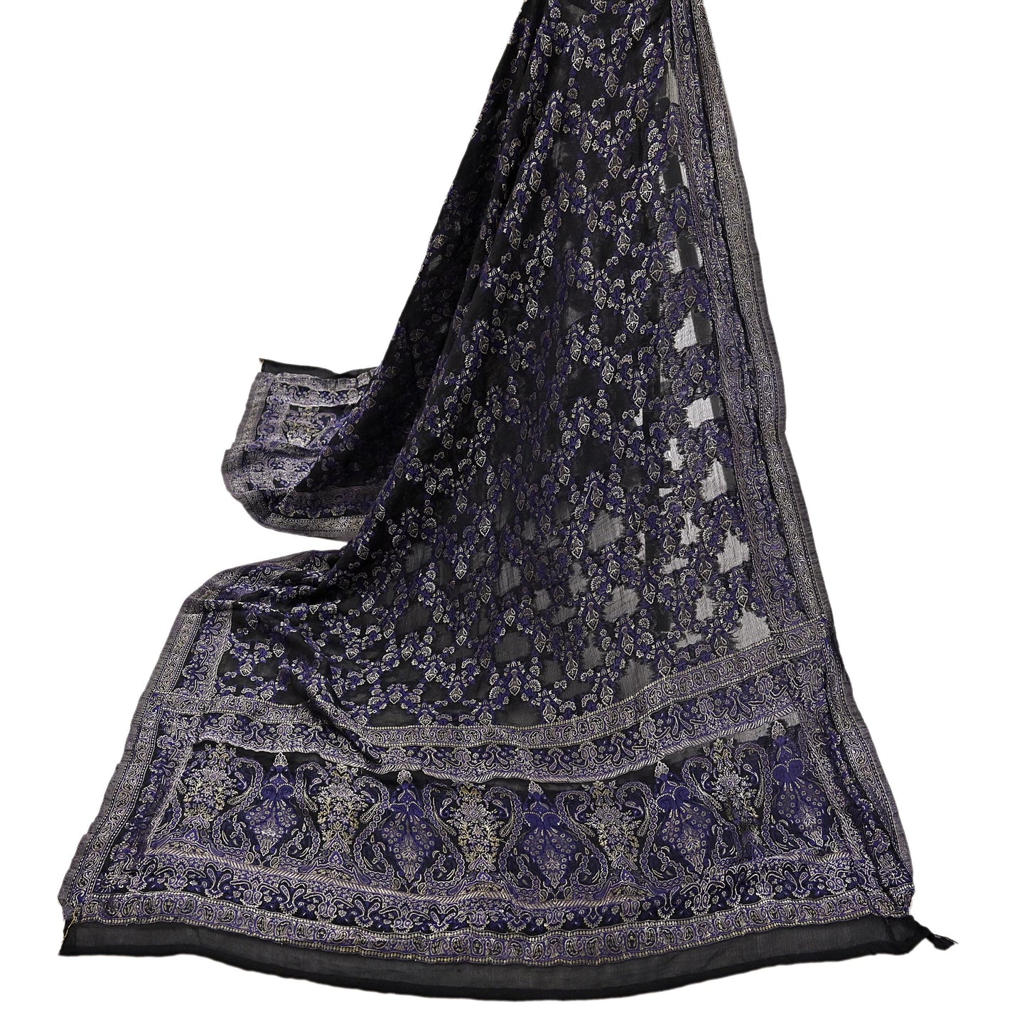 Indian Vintage Black Dupatta Long Stole Pure Georgette Silk Hand Woven Scarves Veil Scarf Wrap Hippie Boho Soft