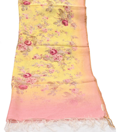 Indian Vintage Peach & yellow Dupatta Long Stole Hand Block Print Pure Chanderi Silk Scarves Veil Golden Zari