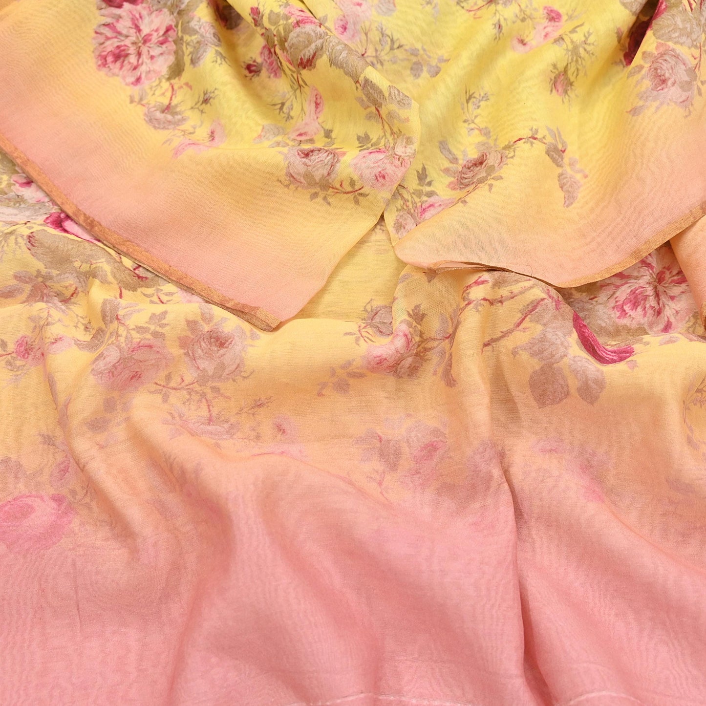 Indian Vintage Peach & yellow Dupatta Long Stole Hand Block Print Pure Chanderi Silk Scarves Veil Golden Zari