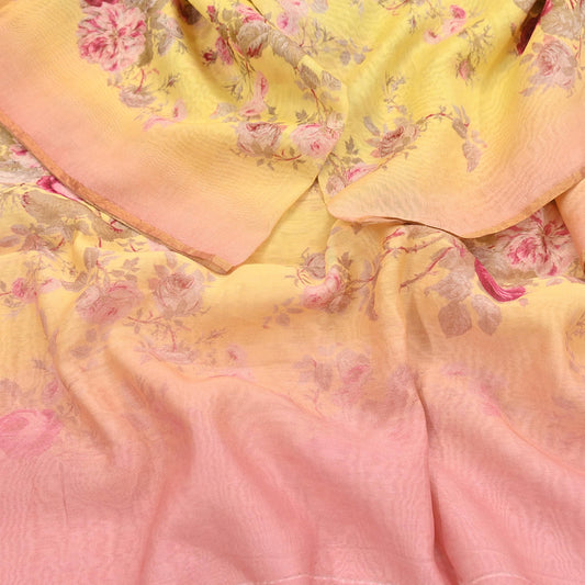 Indian Vintage Peach & yellow Dupatta Long Stole Hand Block Print Pure Chanderi Silk Scarves Veil Golden Zari