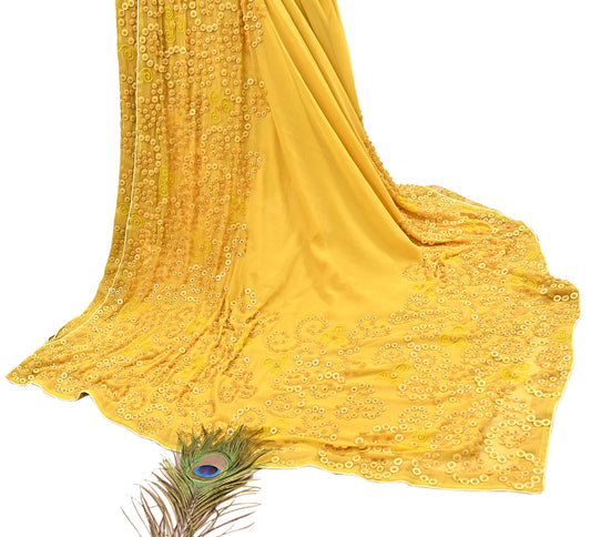 Indian Vintage Yellow Saree Pure Chiffon Silk Pre-owned Hand Beaded Abu jani Designer Sari Fabric 6-Yards Soft Ethnic Bollywood Party sarees