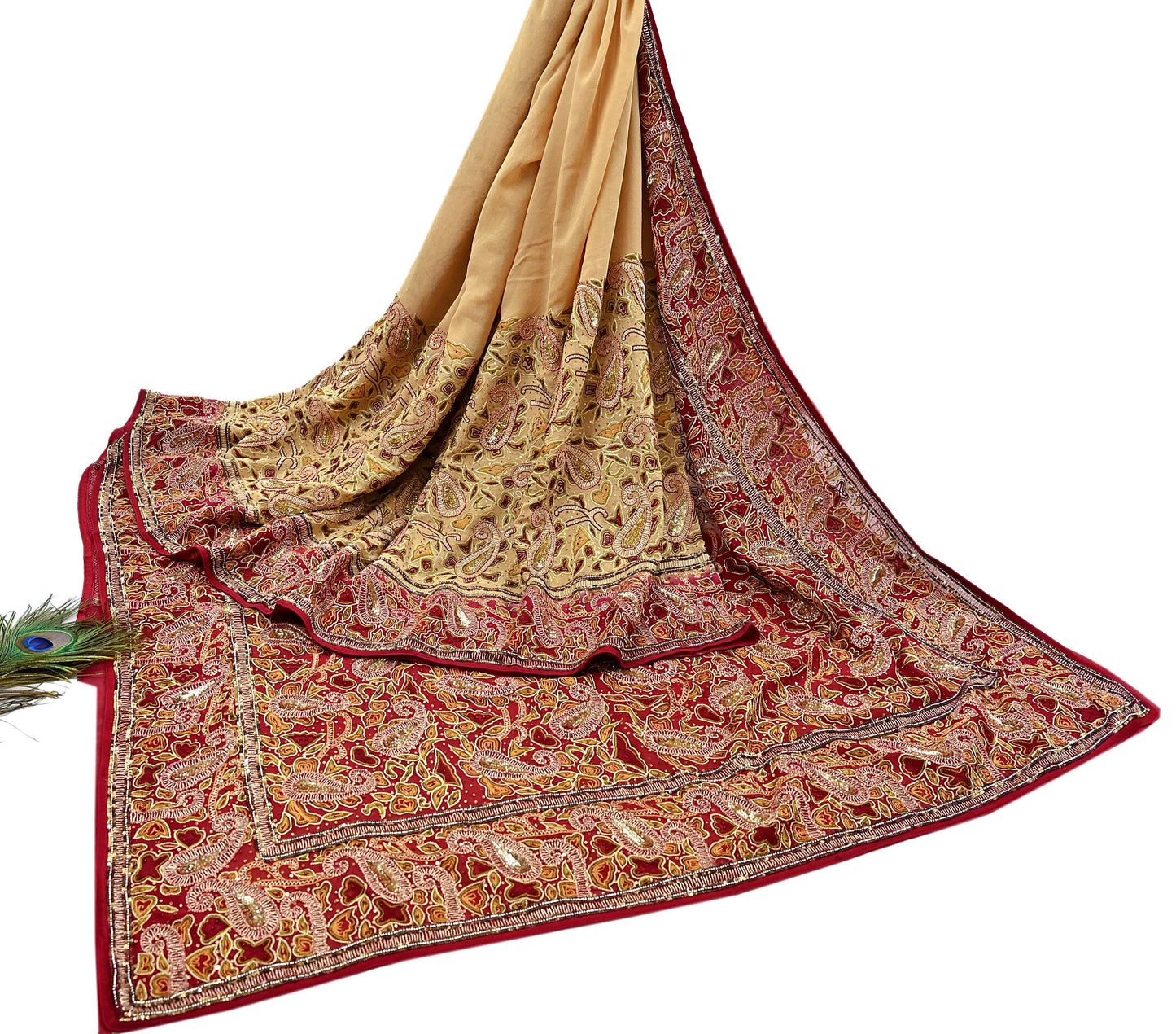 Indian Pre-owned Heavy Sari Beige & Red Pure Georgette Silk Hand Embroidered Sarees Designer Abu Jani 5Yd Sewing Ethnic Sarees