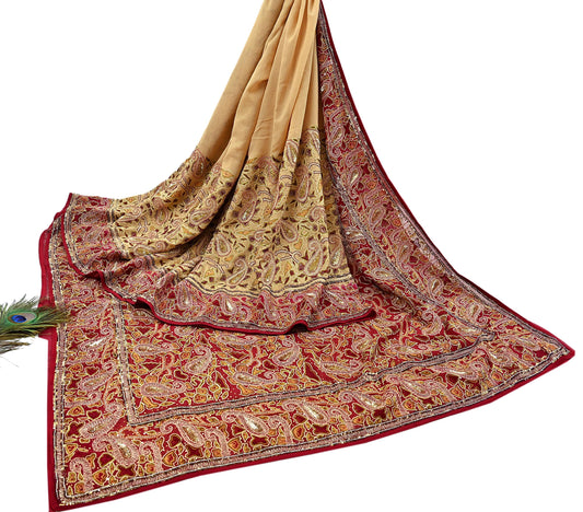 Indian Pre-owned Heavy Sari Beige & Red Pure Georgette Silk Hand Embroidered Sarees Designer Abu Jani 5Yd Sewing Ethnic Sarees