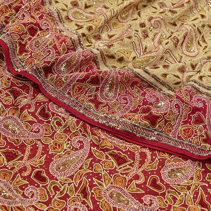 Indian Pre-owned Heavy Sari Beige & Red Pure Georgette Silk Hand Embroidered Sarees Designer Abu Jani 5Yd Sewing Ethnic Sarees