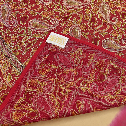 Indian Pre-owned Heavy Sari Beige & Red Pure Georgette Silk Hand Embroidered Sarees Designer Abu Jani 5Yd Sewing Ethnic Sarees