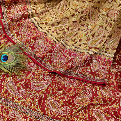Indian Pre-owned Heavy Sari Beige & Red Pure Georgette Silk Hand Embroidered Sarees Designer Abu Jani 5Yd Sewing Ethnic Sarees