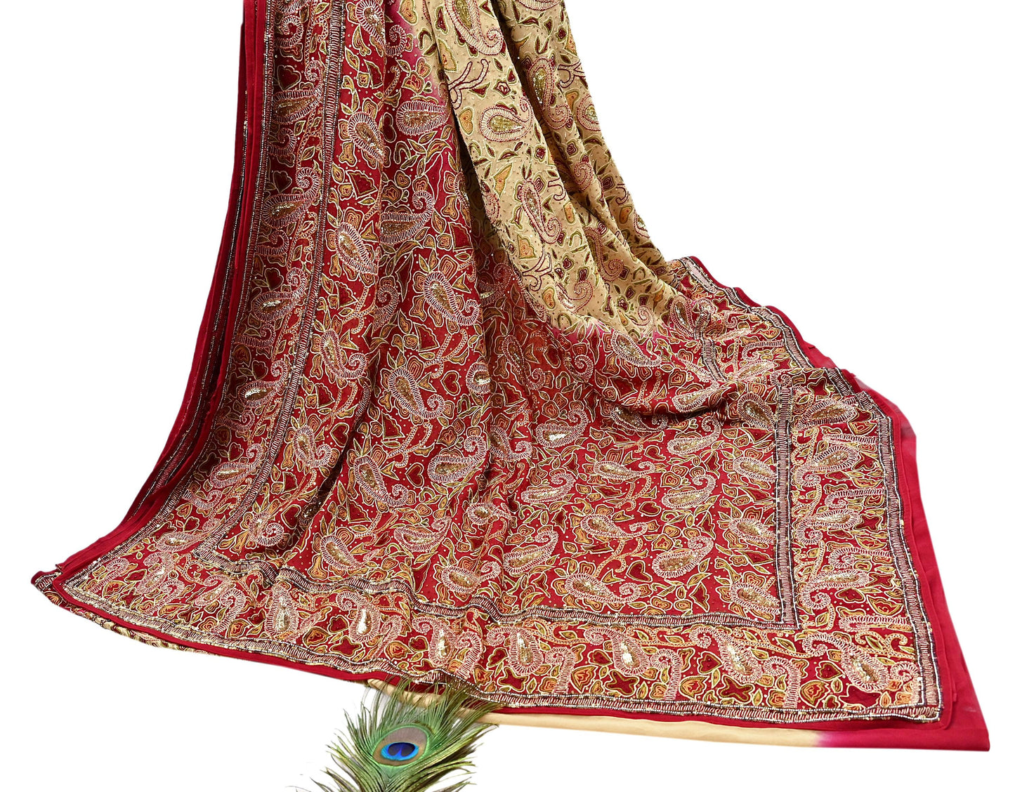 Indian Pre-owned Heavy Sari Beige & Red Pure Georgette Silk Hand Embroidered Sarees Designer Abu Jani 5Yd Sewing Ethnic Sarees