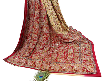 Indian Pre-owned Heavy Sari Beige & Red Pure Georgette Silk Hand Embroidered Sarees Designer Abu Jani 5Yd Sewing Ethnic Sarees