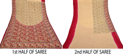 Indian Pre-owned Heavy Sari Beige & Red Pure Georgette Silk Hand Embroidered Sarees Designer Abu Jani 5Yd Sewing Ethnic Sarees