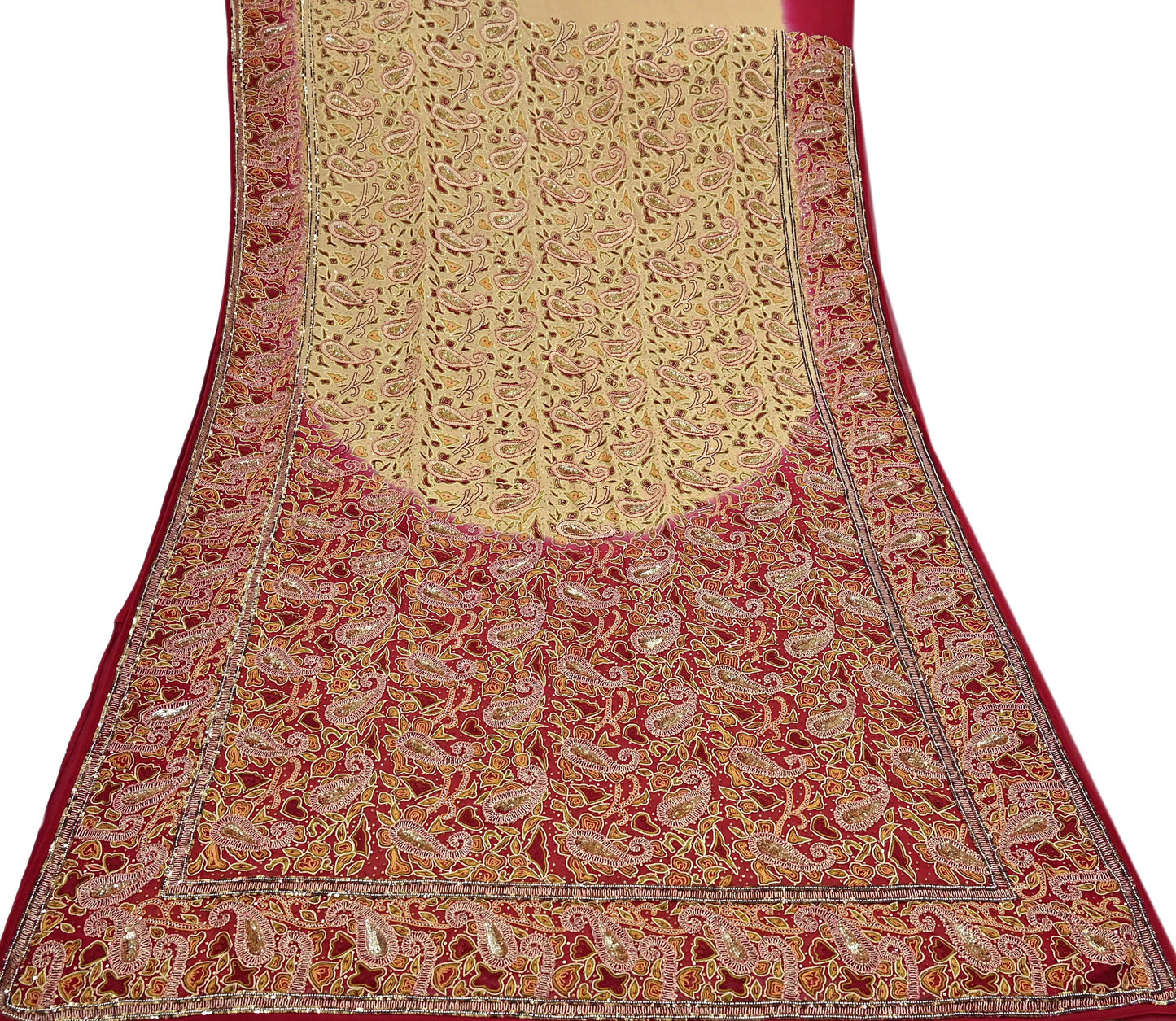 Indian Pre-owned Heavy Sari Beige & Red Pure Georgette Silk Hand Embroidered Sarees Designer Abu Jani 5Yd Sewing Ethnic Sarees