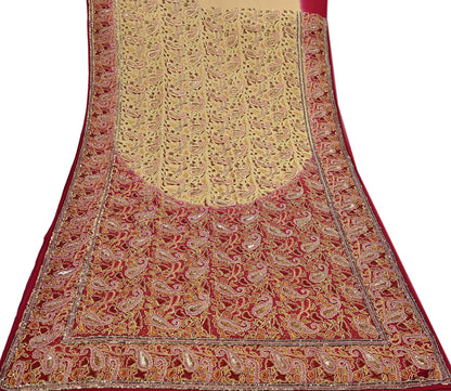 Indian Pre-owned Heavy Sari Beige & Red Pure Georgette Silk Hand Embroidered Sarees Designer Abu Jani 5Yd Sewing Ethnic Sarees