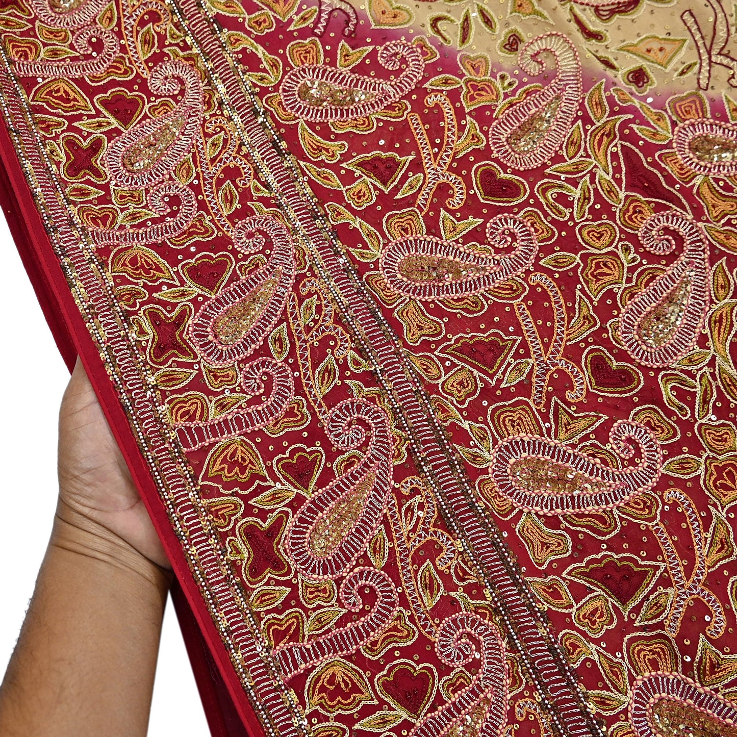 Indian Pre-owned Heavy Sari Beige & Red Pure Georgette Silk Hand Embroidered Sarees Designer Abu Jani 5Yd Sewing Ethnic Sarees
