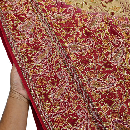 Indian Pre-owned Heavy Sari Beige & Red Pure Georgette Silk Hand Embroidered Sarees Designer Abu Jani 5Yd Sewing Ethnic Sarees
