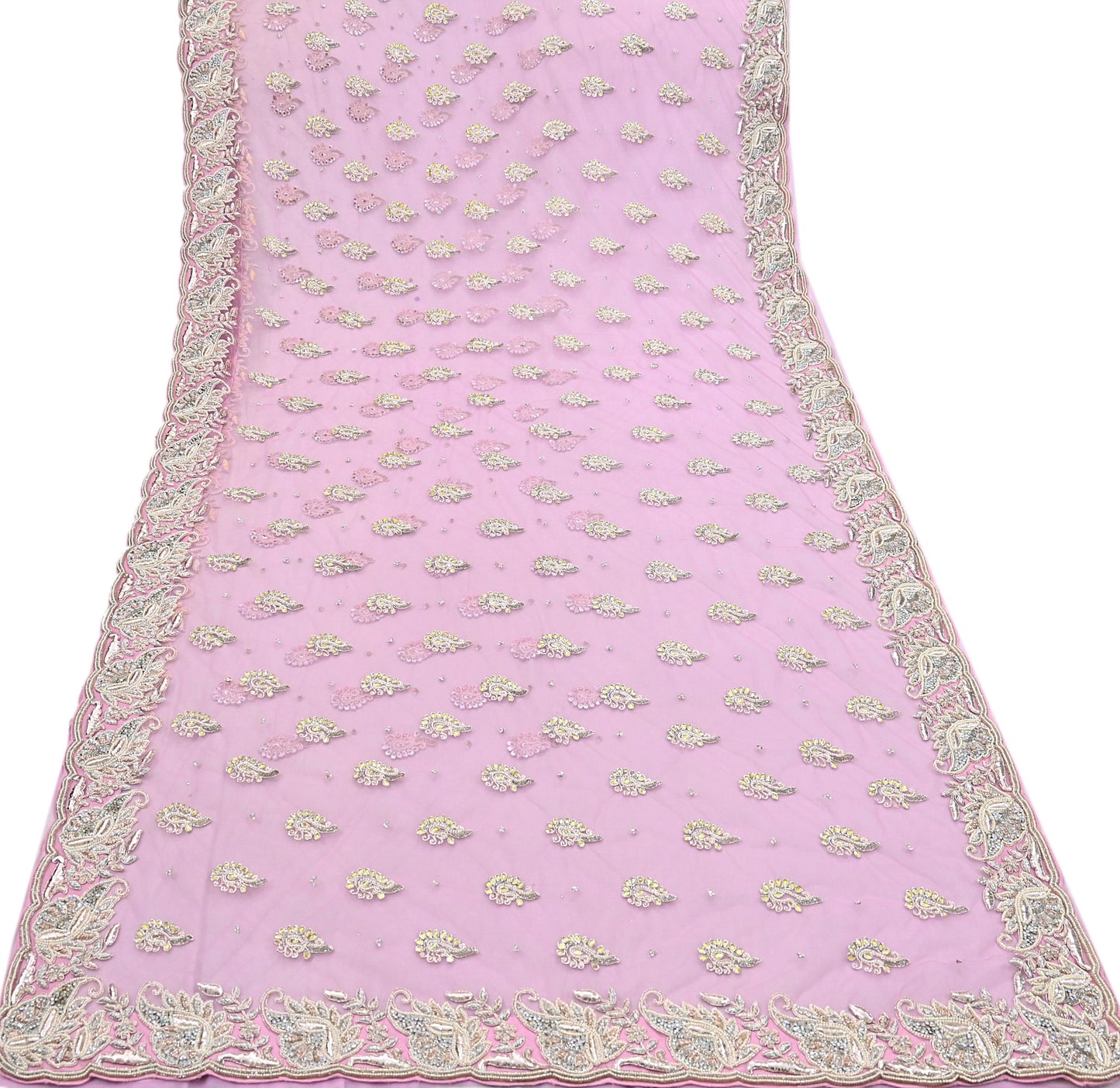 Indian Pre-owned Sari Pink Net/Mesh Hand Embroidered Anamika Khanna Designer Sarees Ethnic 6Yd Sewing  Zardozi/Dabka Zari Wedding Sarees