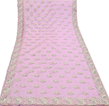 Indian Pre-owned Sari Pink Net/Mesh Hand Embroidered Anamika Khanna Designer Sarees Ethnic 6Yd Sewing  Zardozi/Dabka Zari Wedding Sarees