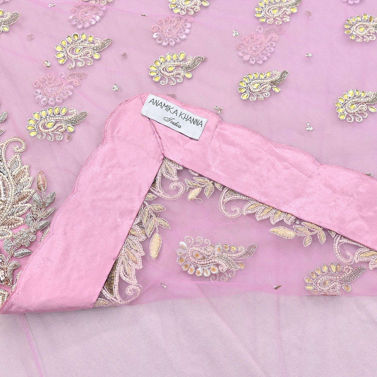 Indian Pre-owned Sari Pink Net/Mesh Hand Embroidered Anamika Khanna Designer Sarees Ethnic 6Yd Sewing  Zardozi/Dabka Zari Wedding Sarees