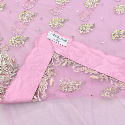 Indian Pre-owned Sari Pink Net/Mesh Hand Embroidered Anamika Khanna Designer Sarees Ethnic 6Yd Sewing  Zardozi/Dabka Zari Wedding Sarees