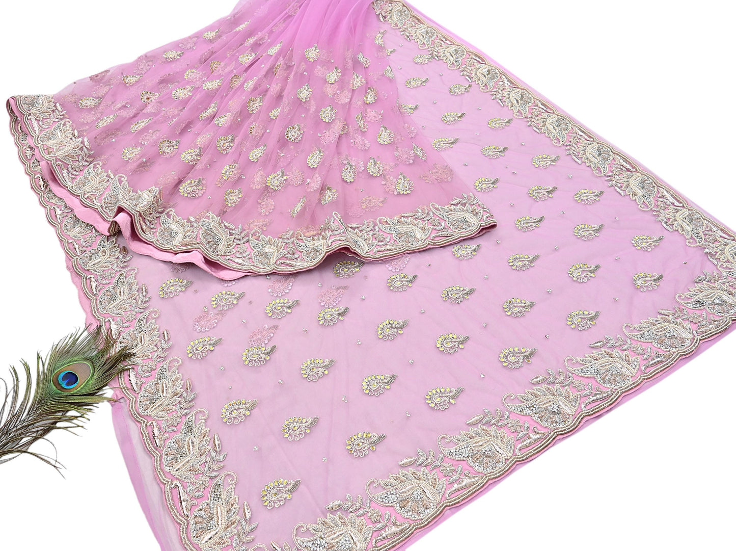 Indian Pre-owned Sari Pink Net/Mesh Hand Embroidered Anamika Khanna Designer Sarees Ethnic 6Yd Sewing  Zardozi/Dabka Zari Wedding Sarees