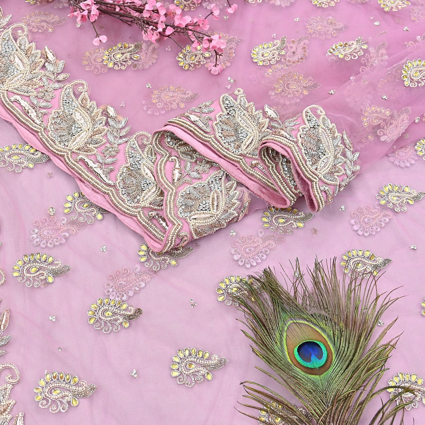 Indian Pre-owned Sari Pink Net/Mesh Hand Embroidered Anamika Khanna Designer Sarees Ethnic 6Yd Sewing  Zardozi/Dabka Zari Wedding Sarees
