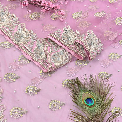 Indian Pre-owned Sari Pink Net/Mesh Hand Embroidered Anamika Khanna Designer Sarees Ethnic 6Yd Sewing  Zardozi/Dabka Zari Wedding Sarees