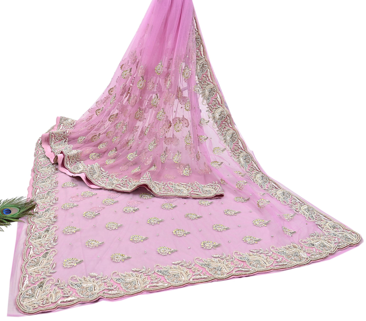 Indian Pre-owned Sari Pink Net/Mesh Hand Embroidered Anamika Khanna Designer Sarees Ethnic 6Yd Sewing  Zardozi/Dabka Zari Wedding Sarees