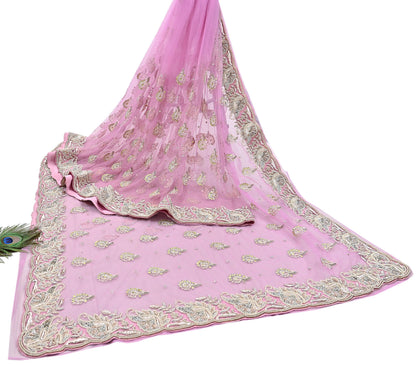 Indian Pre-owned Sari Pink Net/Mesh Hand Embroidered Anamika Khanna Designer Sarees Ethnic 6Yd Sewing  Zardozi/Dabka Zari Wedding Sarees