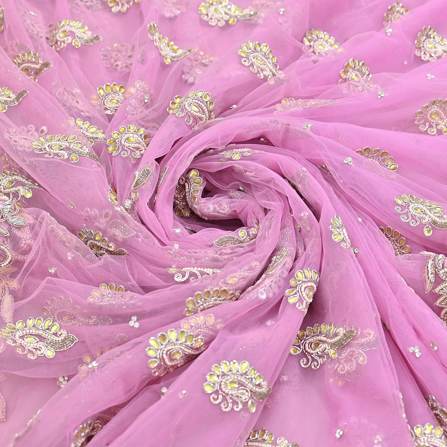 Indian Pre-owned Sari Pink Net/Mesh Hand Embroidered Anamika Khanna Designer Sarees Ethnic 6Yd Sewing  Zardozi/Dabka Zari Wedding Sarees