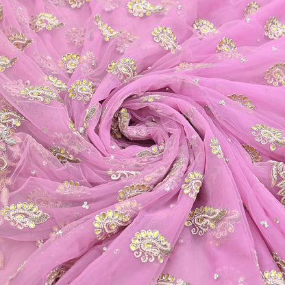 Indian Pre-owned Sari Pink Net/Mesh Hand Embroidered Anamika Khanna Designer Sarees Ethnic 6Yd Sewing  Zardozi/Dabka Zari Wedding Sarees