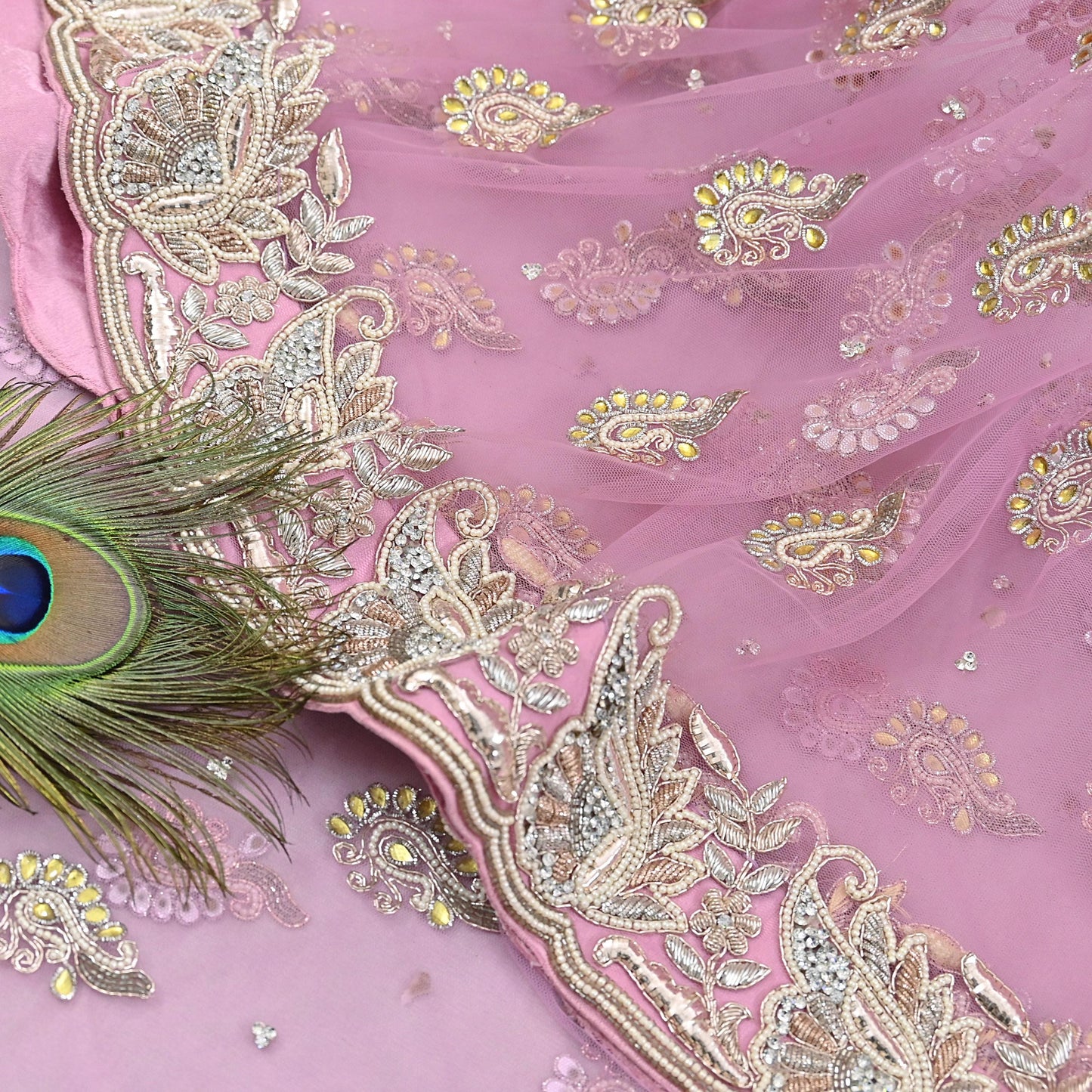 Indian Pre-owned Sari Pink Net/Mesh Hand Embroidered Anamika Khanna Designer Sarees Ethnic 6Yd Sewing  Zardozi/Dabka Zari Wedding Sarees