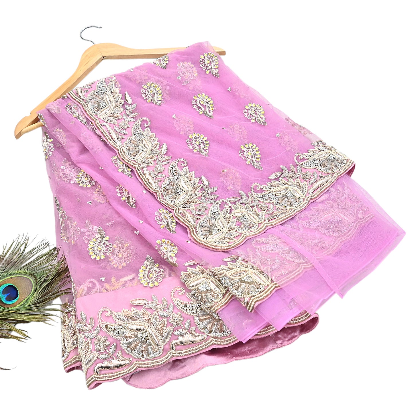 Indian Pre-owned Sari Pink Net/Mesh Hand Embroidered Anamika Khanna Designer Sarees Ethnic 6Yd Sewing  Zardozi/Dabka Zari Wedding Sarees