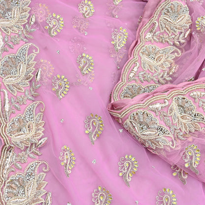 Indian Pre-owned Sari Pink Net/Mesh Hand Embroidered Anamika Khanna Designer Sarees Ethnic 6Yd Sewing  Zardozi/Dabka Zari Wedding Sarees