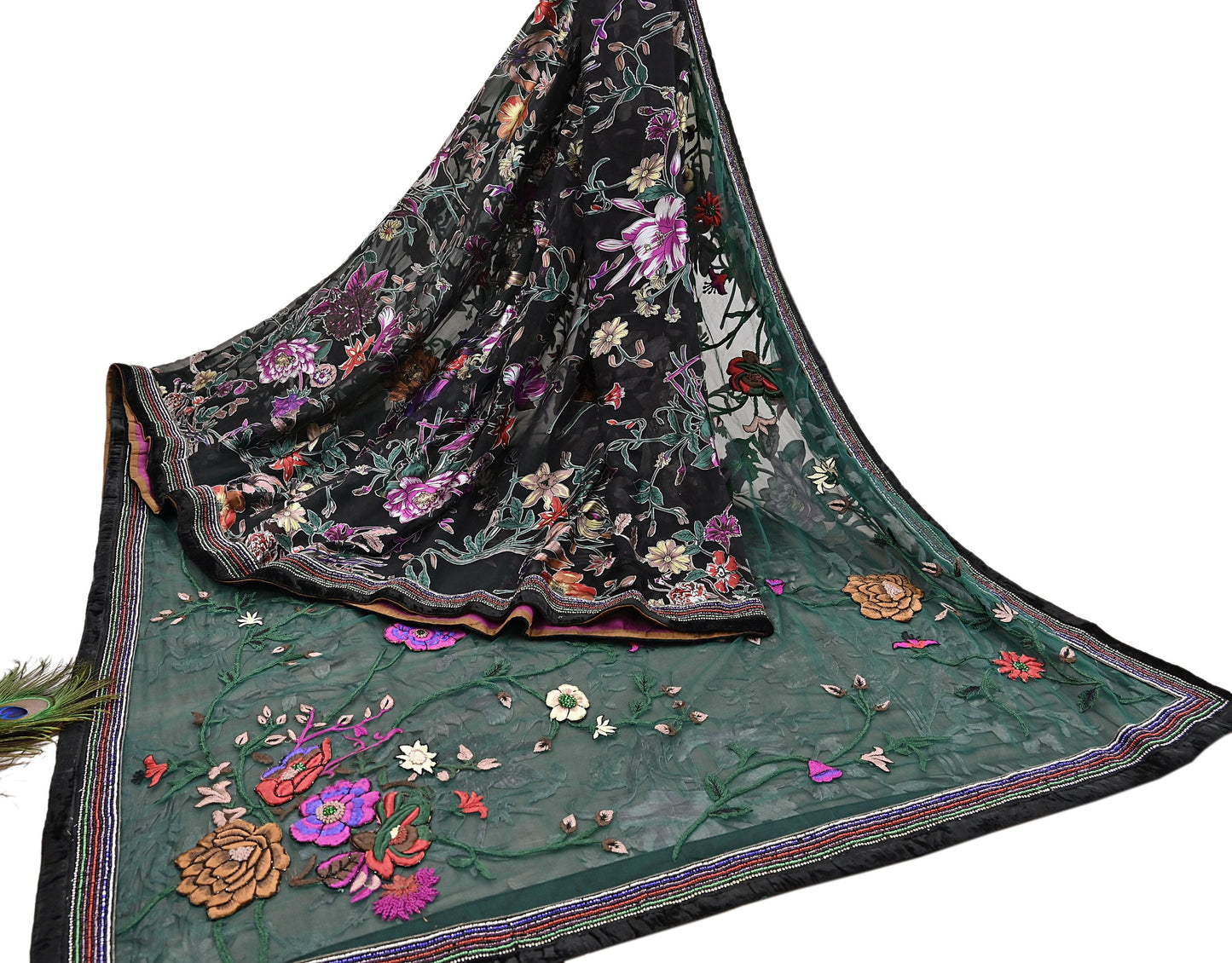 Vintage Black & Green Chiffon Silk, Net Heavy Embroidered Saree, Abu Jani Designer Sari, Bridal Wedding Wear 5Yd with Blouse fabric