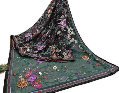 Vintage Black & Green Chiffon Silk, Net Heavy Embroidered Saree, Abu Jani Designer Sari, Bridal Wedding Wear 5Yd with Blouse fabric