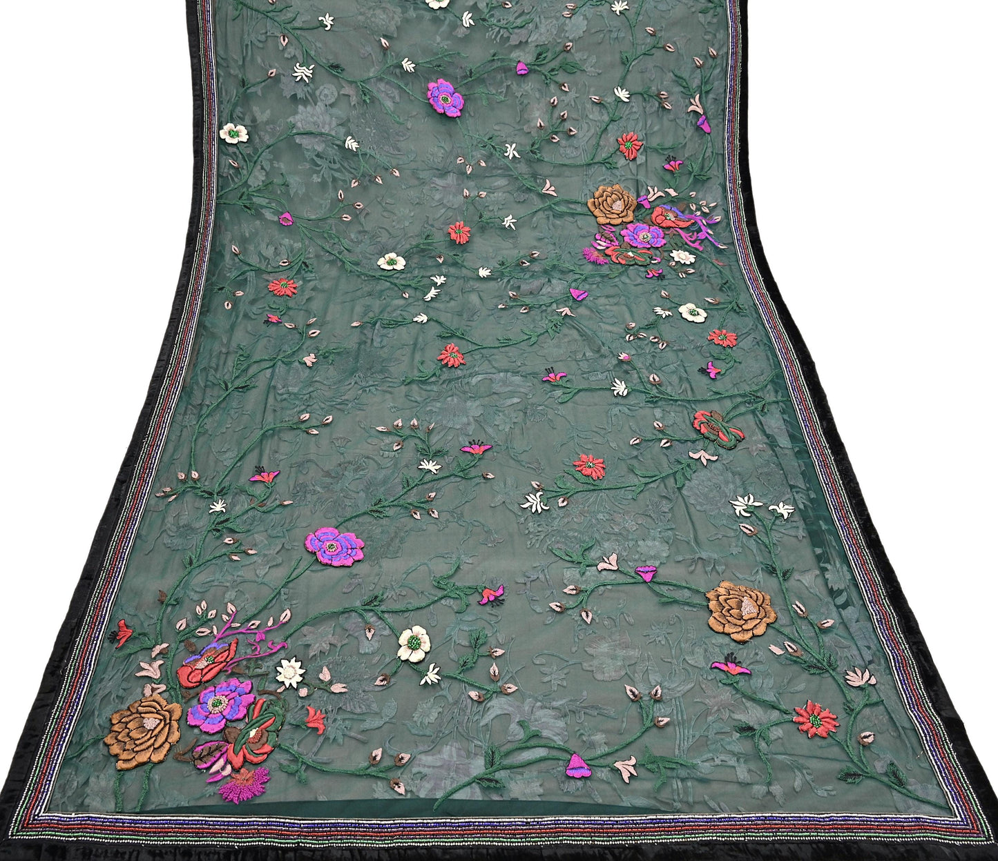 Vintage Black & Green Chiffon Silk, Net Heavy Embroidered Saree, Abu Jani Designer Sari, Bridal Wedding Wear 5Yd with Blouse fabric