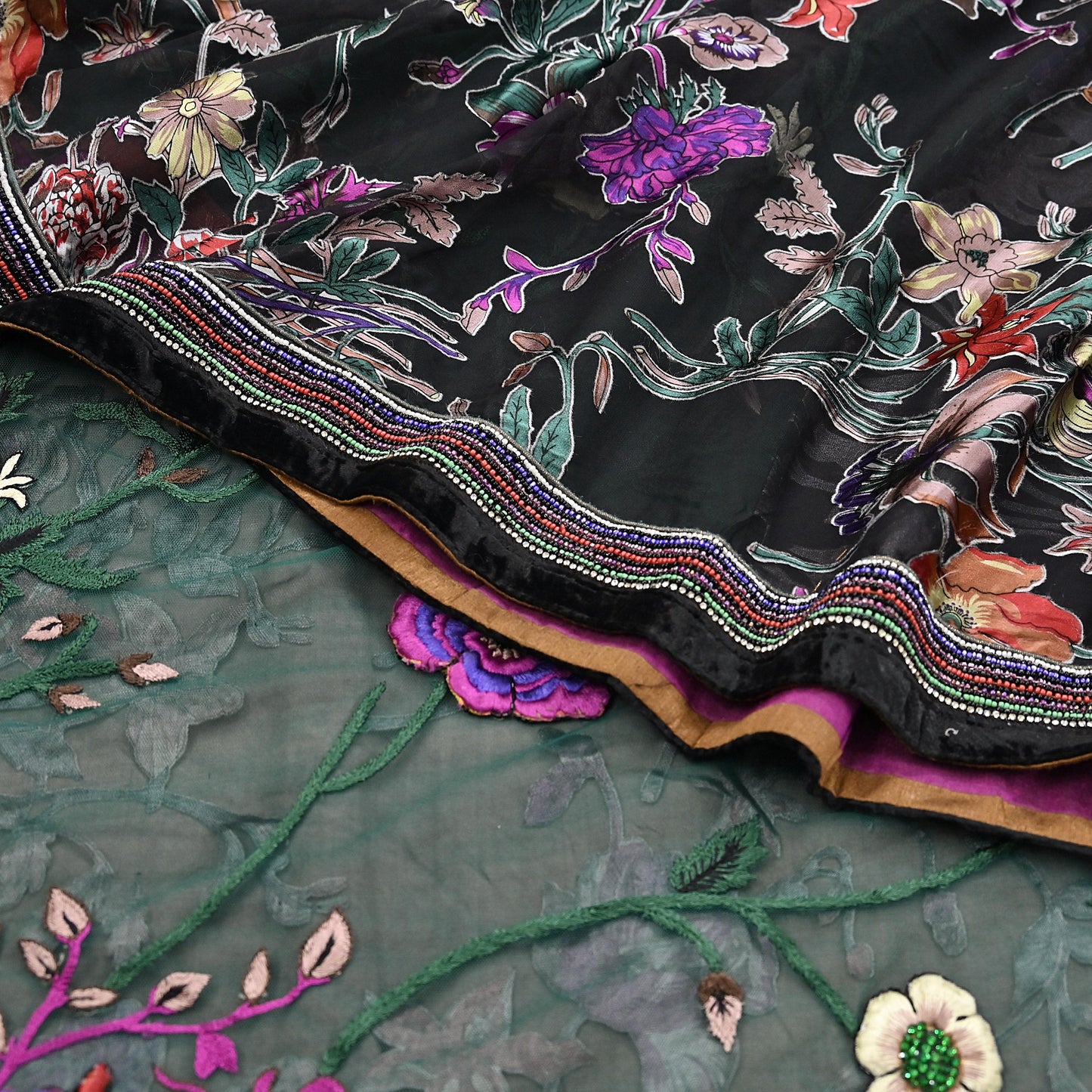 Vintage Black & Green Chiffon Silk, Net Heavy Embroidered Saree, Abu Jani Designer Sari, Bridal Wedding Wear 5Yd with Blouse fabric