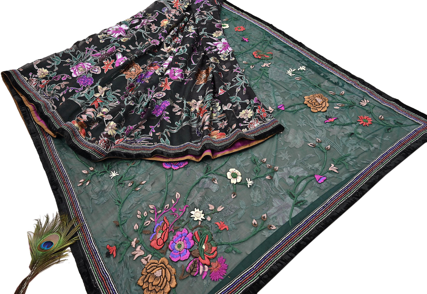 Vintage Black & Green Chiffon Silk, Net Heavy Embroidered Saree, Abu Jani Designer Sari, Bridal Wedding Wear 5Yd with Blouse fabric
