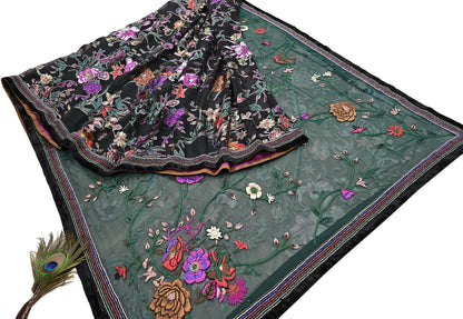 Vintage Black & Green Chiffon Silk, Net Heavy Embroidered Saree, Abu Jani Designer Sari, Bridal Wedding Wear 5Yd with Blouse fabric