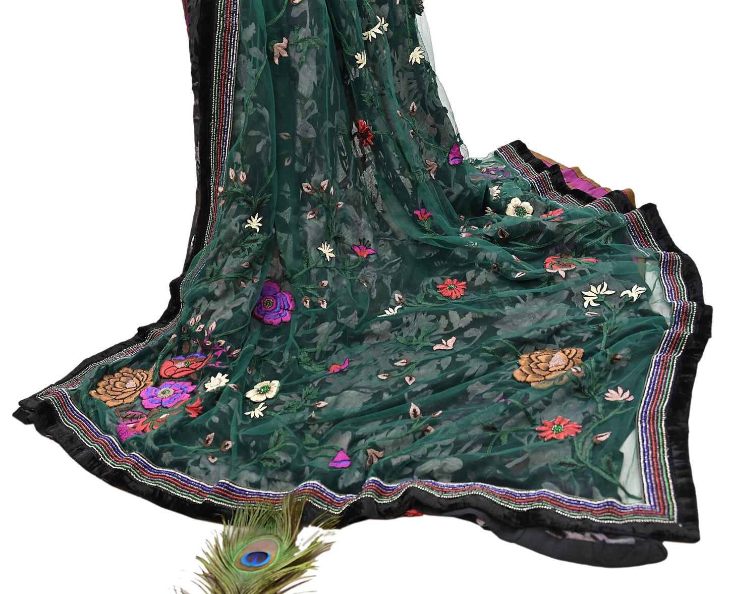 Vintage Black & Green Chiffon Silk, Net Heavy Embroidered Saree, Abu Jani Designer Sari, Bridal Wedding Wear 5Yd with Blouse fabric