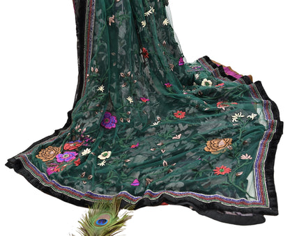 Vintage Black & Green Chiffon Silk, Net Heavy Embroidered Saree, Abu Jani Designer Sari, Bridal Wedding Wear 5Yd with Blouse fabric