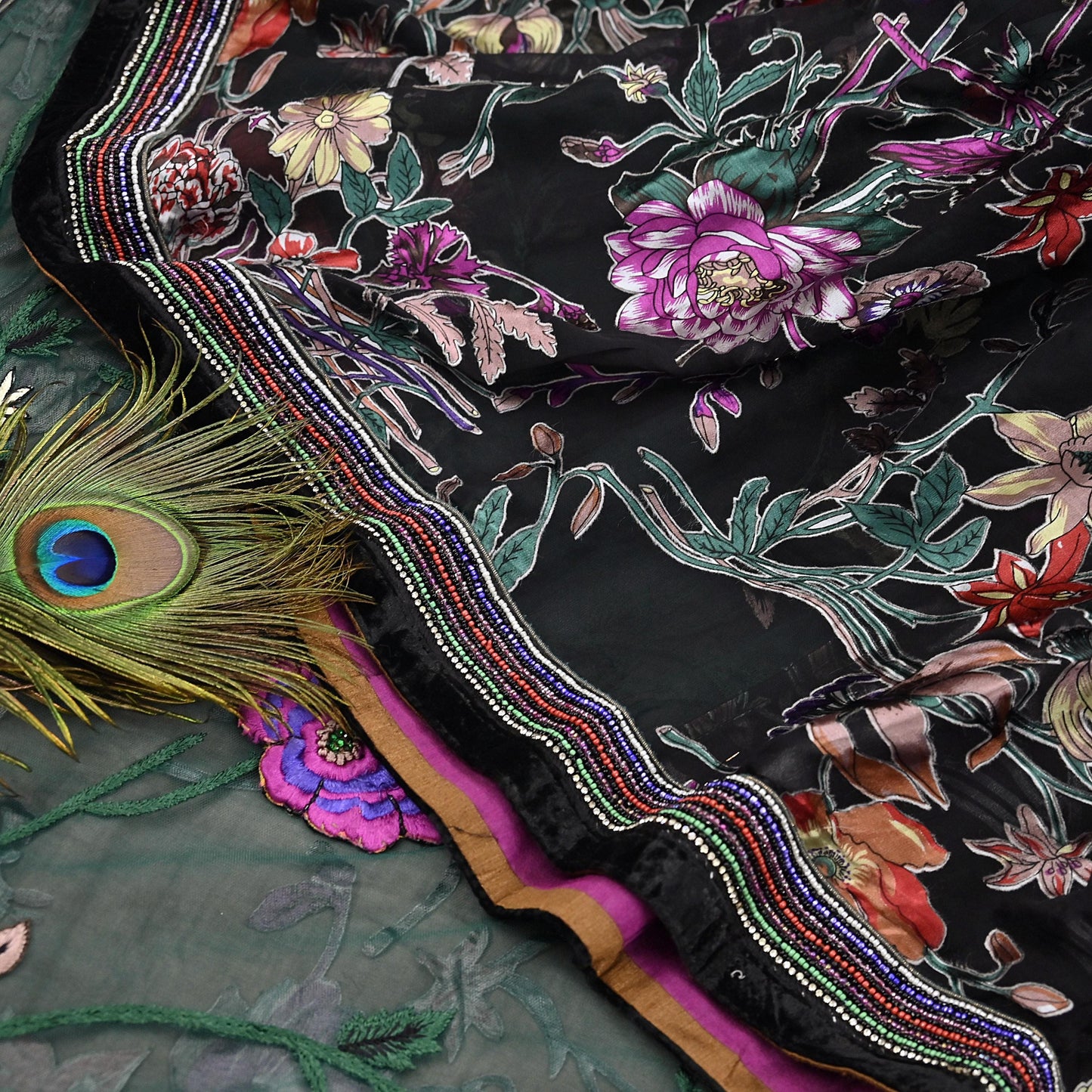 Vintage Black & Green Chiffon Silk, Net Heavy Embroidered Saree, Abu Jani Designer Sari, Bridal Wedding Wear 5Yd with Blouse fabric