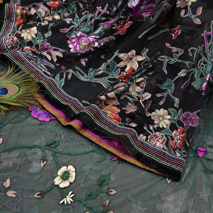 Vintage Black & Green Chiffon Silk, Net Heavy Embroidered Saree, Abu Jani Designer Sari, Bridal Wedding Wear 5Yd with Blouse fabric
