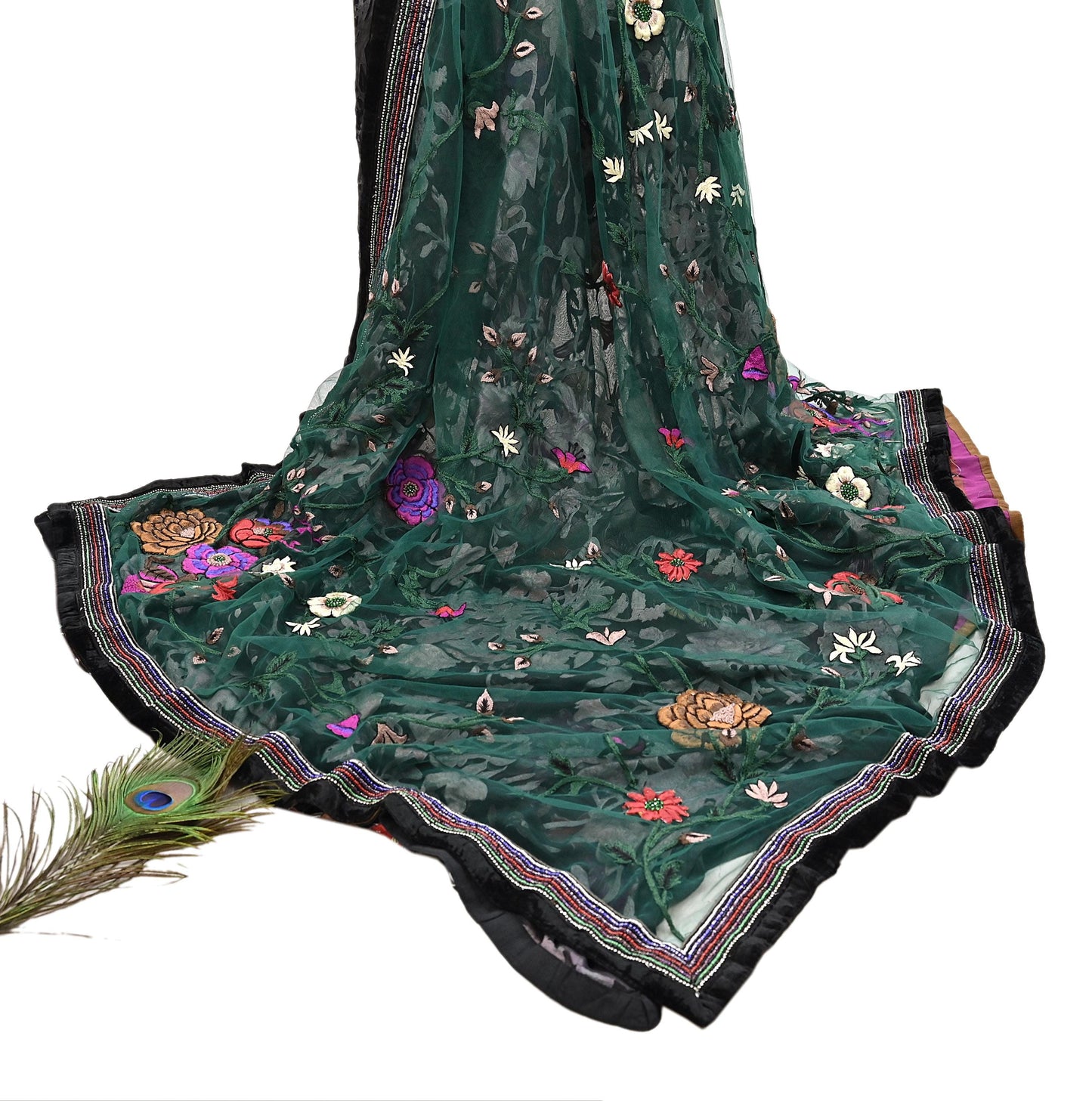 Vintage Black & Green Chiffon Silk, Net Heavy Embroidered Saree, Abu Jani Designer Sari, Bridal Wedding Wear 5Yd with Blouse fabric